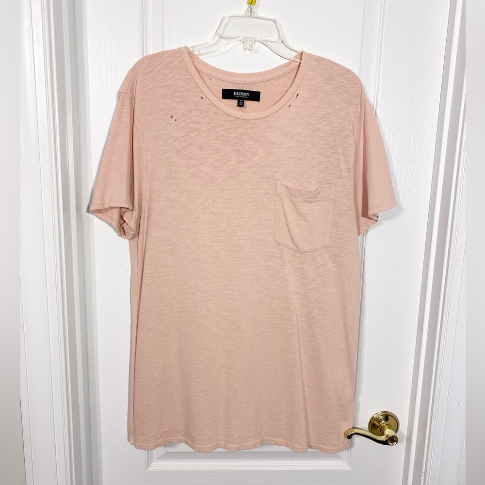 HUDSON Distressed Peruvian Cotton Crew Neck Pocket Tee Pink Men’s Medium